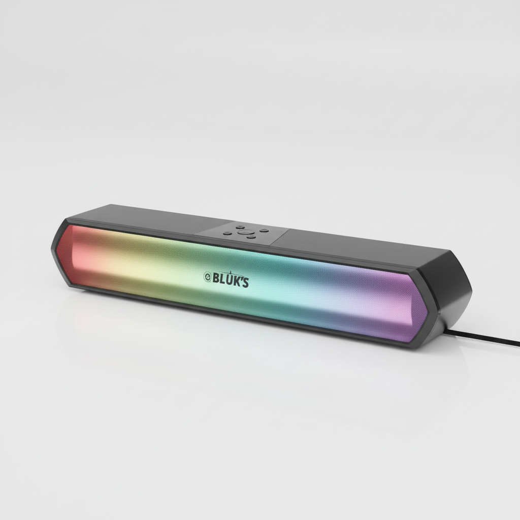 A BLUK'S brand rectangular RGB LED light bar or soundbar speaker, featuring a black casing and a vibrant gradient light strip showing red, orange, yellow, green, blue, and purple colors, resting on a dark reflective surface.