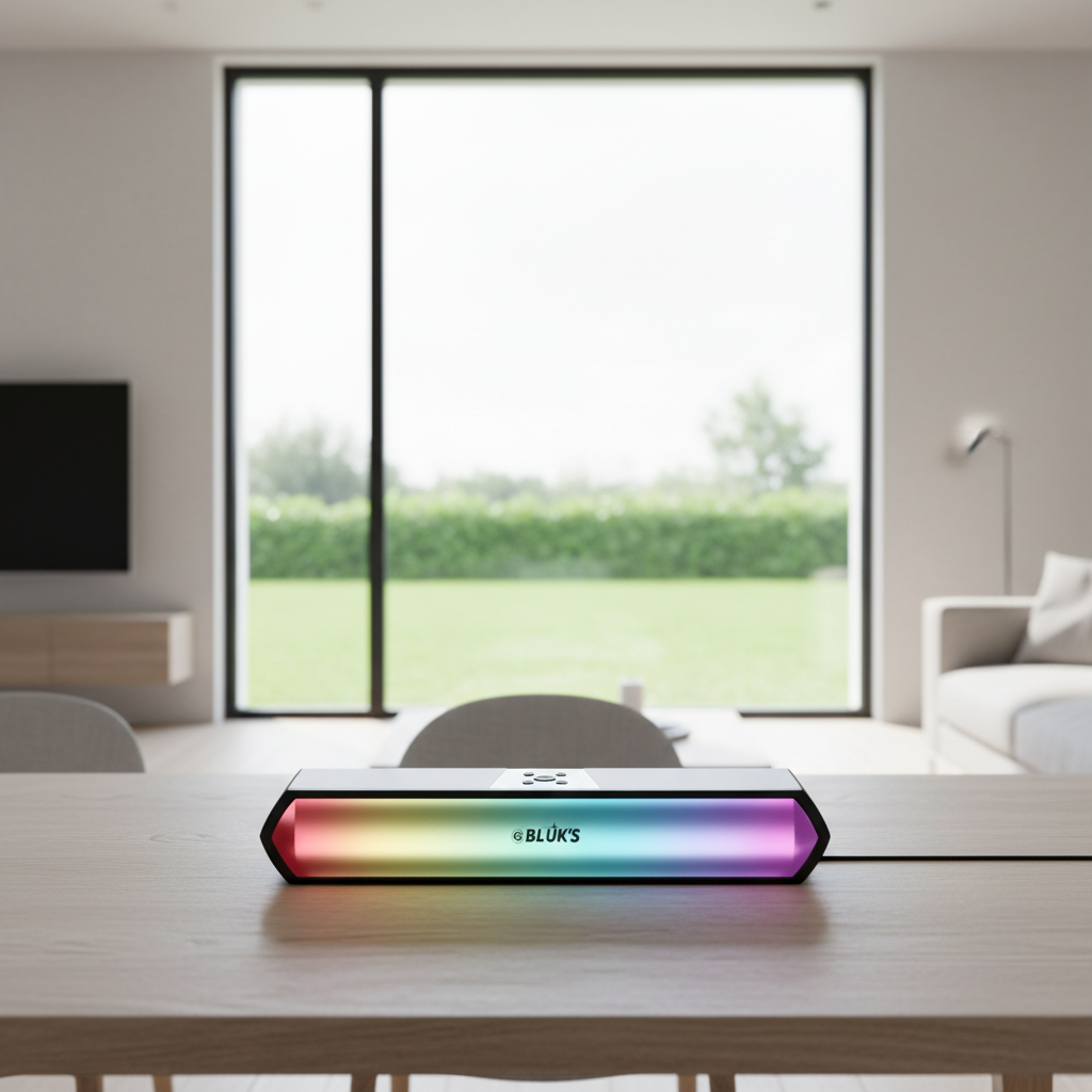 A rectangular Bluetooth speaker with a vibrant rainbow LED light bar on a light wood table in a modern, brightly lit living room.