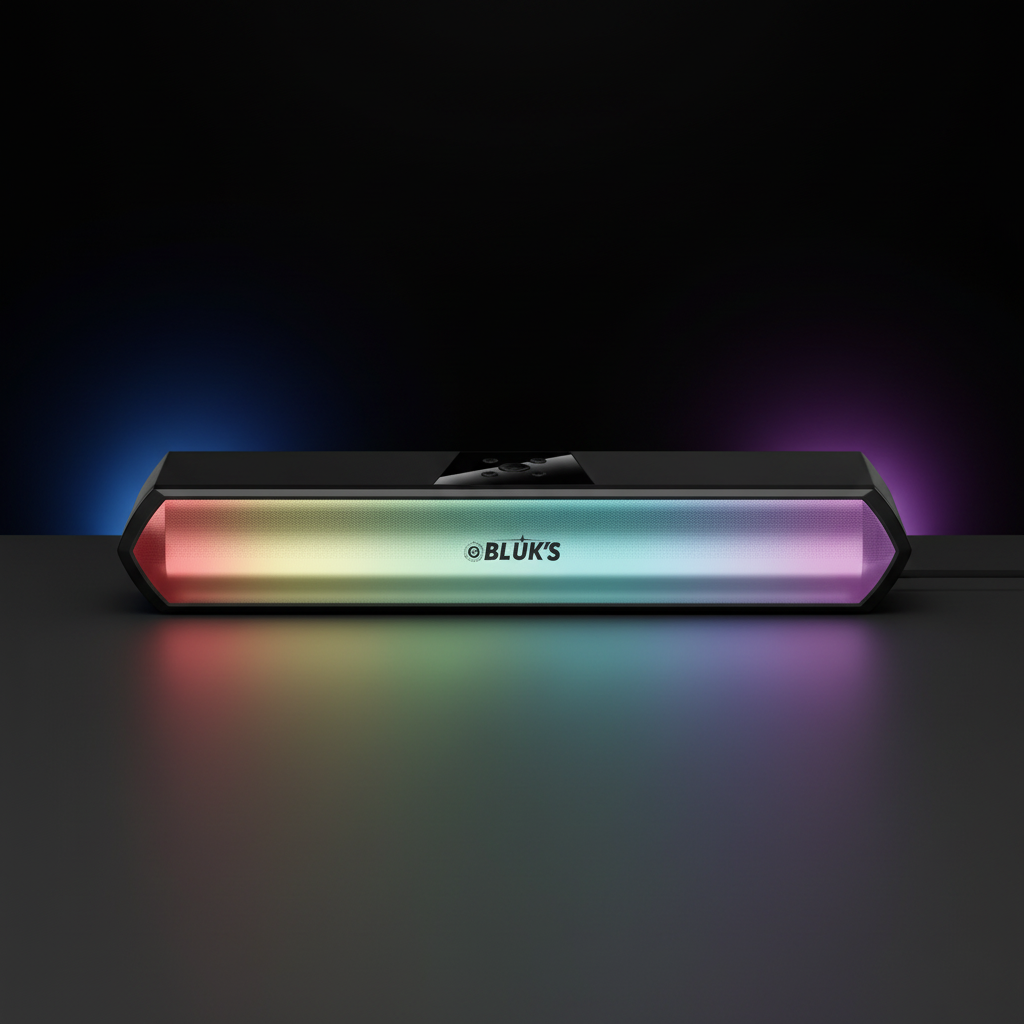 A BLÜK'S RGB-lit computer case or tower shown from the front on a dark studio surface, with a black top panel and a glowing rainbow light bar in red, yellow, green, blue, and purple against a black background.