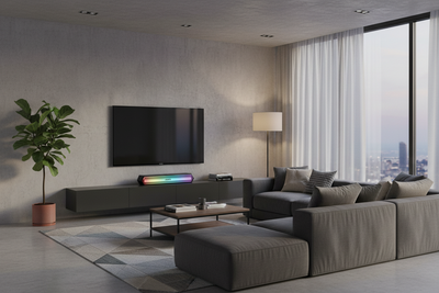 A modern living room featuring a large gray sectional sofa with a matching ottoman, a floating dark gray media console with a wall-mounted TV, a floor lamp, a potted plant, and a geometric area rug. The room has a concrete-textured wall, a large window with sheer curtains, and a city view.