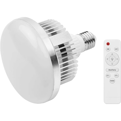 LED light bulb with remote control on a white background