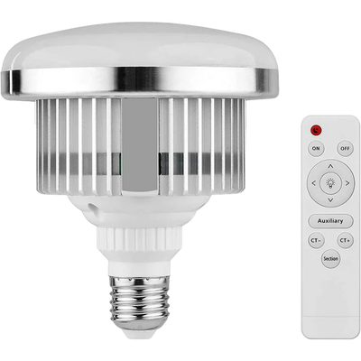 LED light bulb with silver casing and remote control on a white background