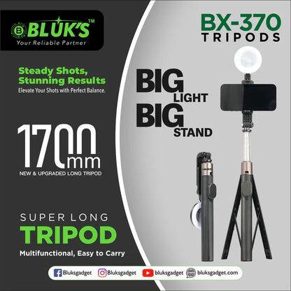 BLUK'S BX-370 | Super Long 1700mm Steel Body | Big Ring Flash Light | Remote Control