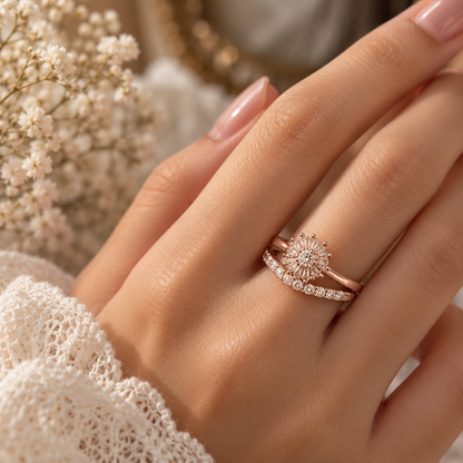 A close-up of a hand wearing a rose gold engagement ring with a round flower-shaped center and a matching rose gold band with small pavé-set stones, styled with delicate baby's breath flowers in the background.