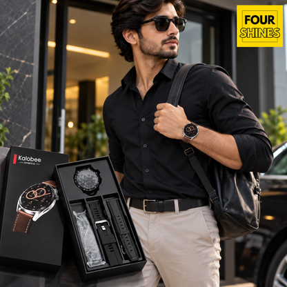 A man in a black shirt and beige trousers models a black Kalbee smartwatch with a brown leather strap, standing next to its black presentation box and open watch box on a modern balcony.