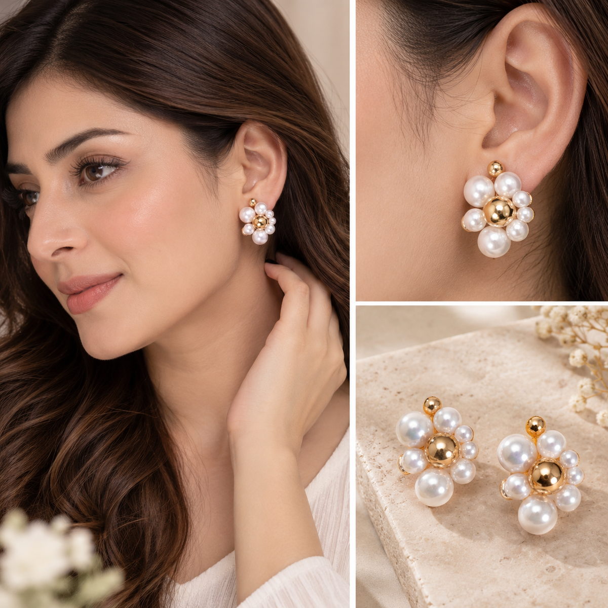 Three-panel collage showing a woman wearing a pair of flower-shaped pearl and gold stud earrings, with close-up views of the earrings and a pair resting on a textured surface.