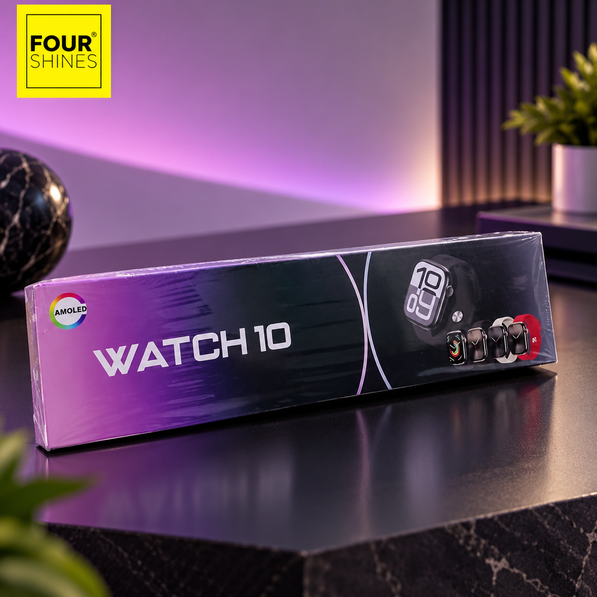 A boxed AMOLED WATCH 10 smartphone case set by Four Shines, displayed on a dark reflective surface with a purple-lit background.