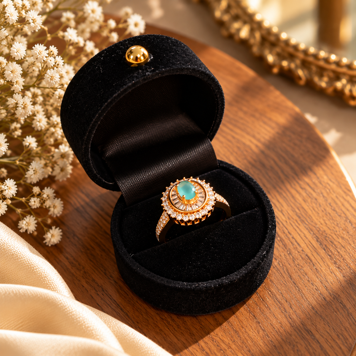 A gold ring with a round turquoise-blue center stone and a halo of small clear stones, displayed in an open black velvet ring box on a wooden surface with dried flowers and soft cream fabric nearby.