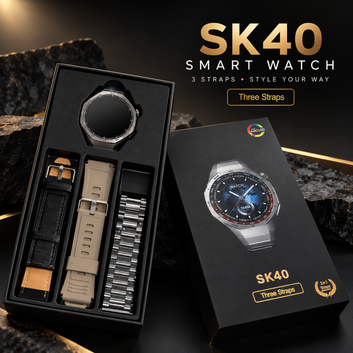 Kalobee SK40 Smart Watch | AMOLED Display with 3 Interchangeable Straps