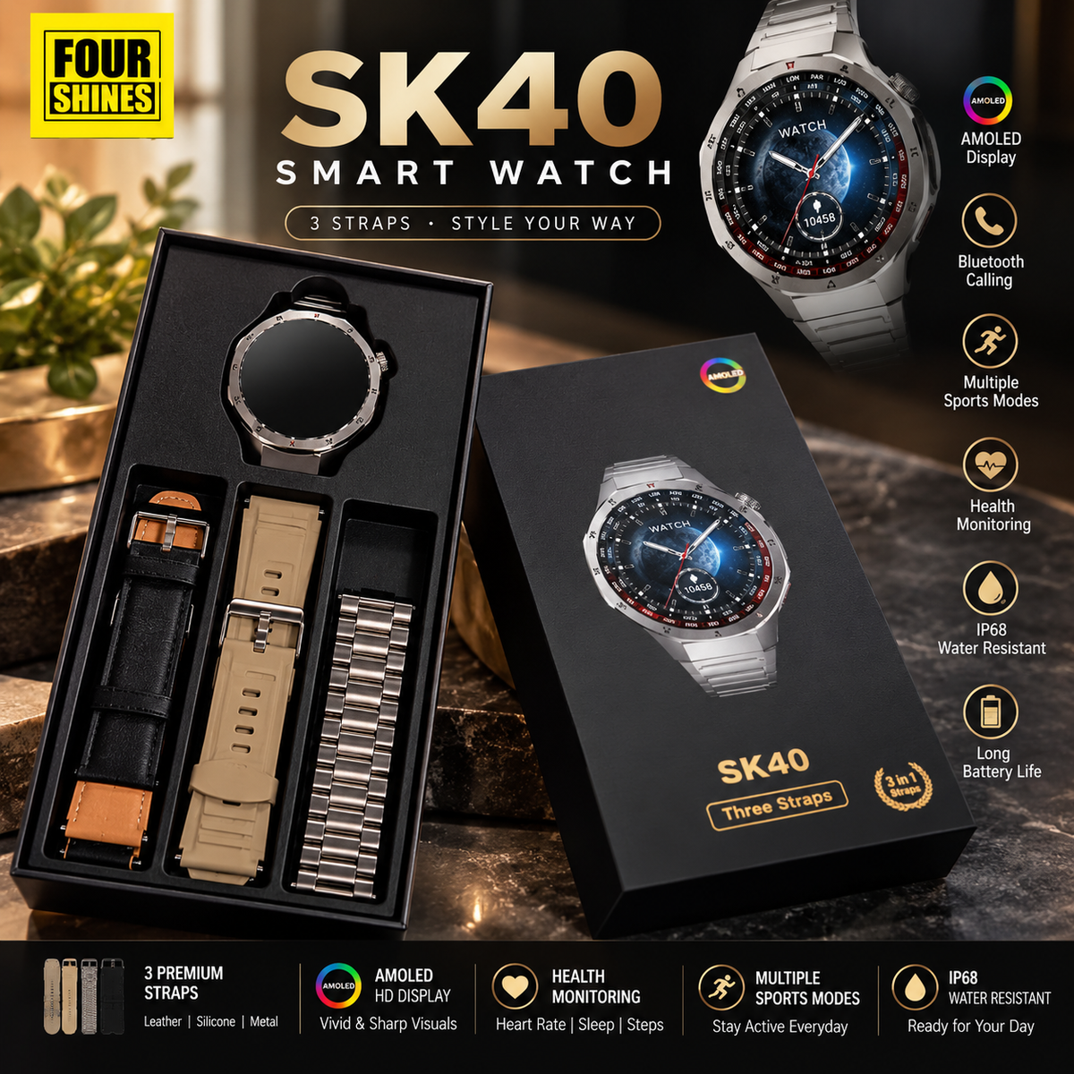 Kalobee SK40 Smart Watch | AMOLED Display with 3 Interchangeable Straps