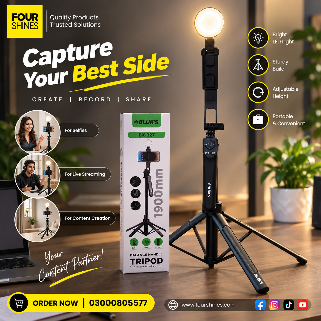 BLUK'S BX-327 Professional Balance Handle Tripod | 1900mm Multifunctional 2-in-1 Stand