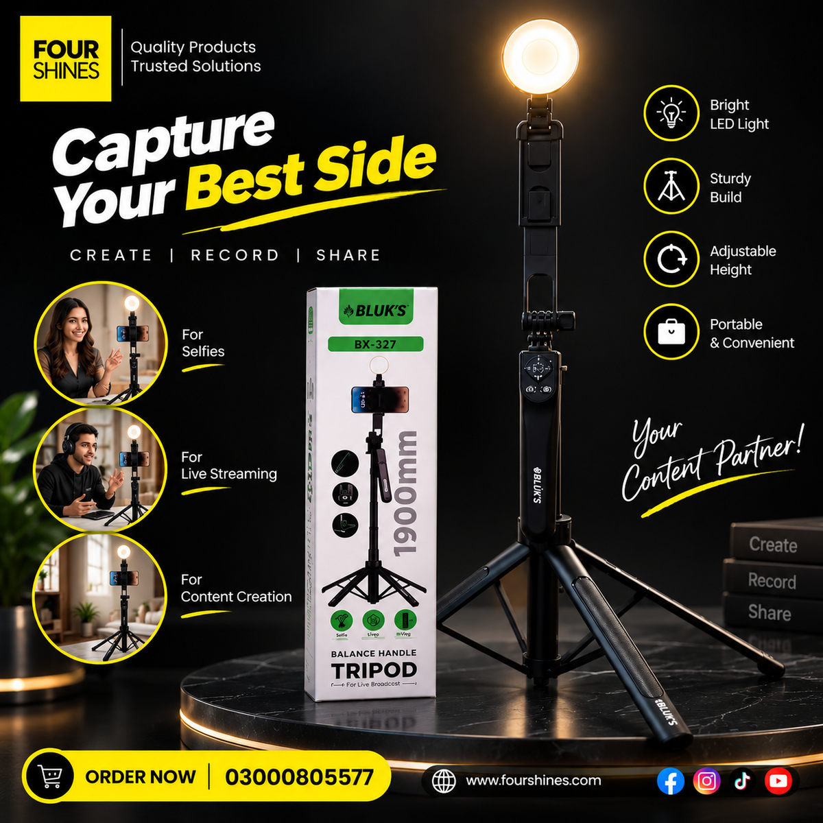 BLUK'S BX-327 Professional Balance Handle Tripod | 1900mm Multifunctional 2-in-1 Stand