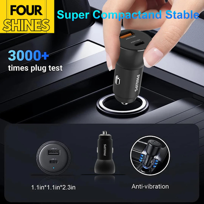 PHILIPS 65W Car Charger - Dual USB-C & USB-A Fast Charging with Voltmeter