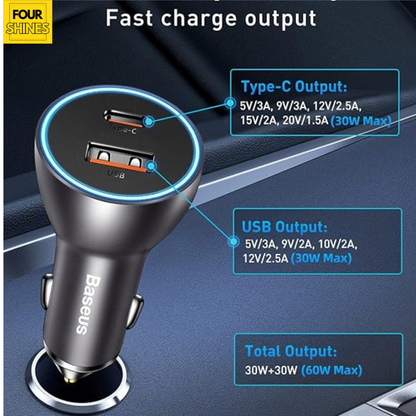 BASEUS PD 30W Fast Car Charger - Dual USB-C & USB-A Ports