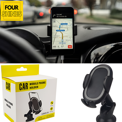 Car phone holder with GPS display, packaging, and product view.