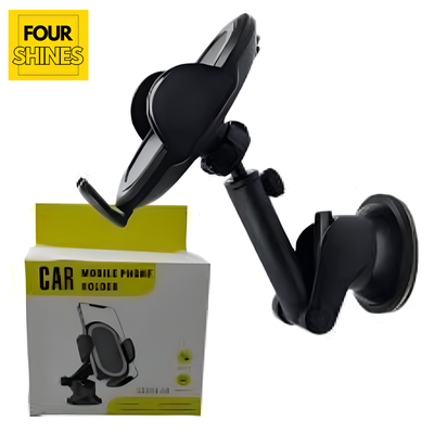 Black car phone holder with packaging on a white background, featuring the 'Four Shines' brand.