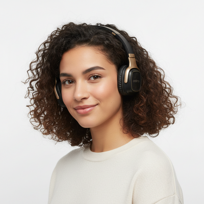 Pair of black and gold headphones on a black stand with 'oraimo' branding, against a white background.