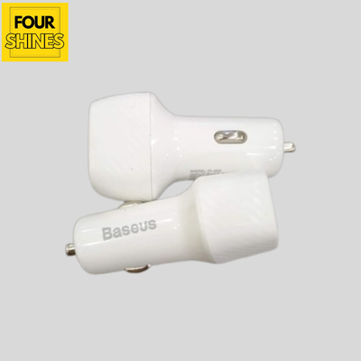 White Baseus car charger on a gray background with 'Four Shines' logo.