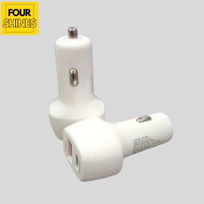 Two white car chargers on a gray background with 'FOUR SHINES' logo.