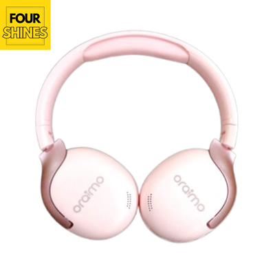 Pink headphones with 'oraime' branding on a white background, featuring the 'Four Shines' logo.