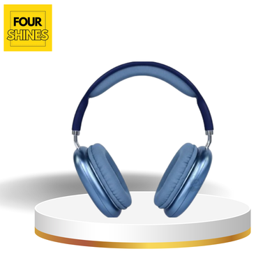 Blue headphones on a white platform with 'Four Shines' logo in the corner.