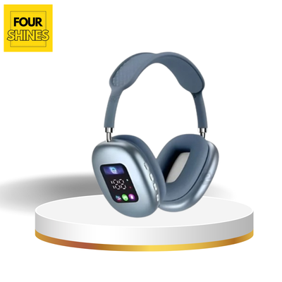Blue headphones with digital display on a white platform, featuring the 'Four Shines' brand.