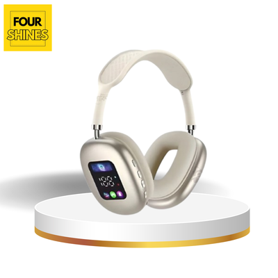 Silver headphones with digital display on a white platform, featuring the 'Four Shines' brand.