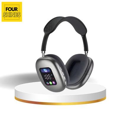 Pair of headphones with a digital display on a white platform, featuring the 'Four Shines' brand.