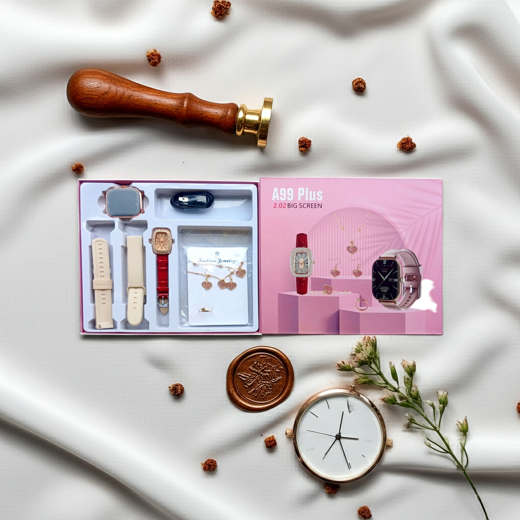 A99 Plus Smart Watch for Women - Gift Set with Jewelry (Necklace, Earrings, Bracelet, Ring)