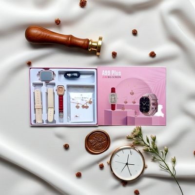 Watch packaging with a watch on a white fabric background