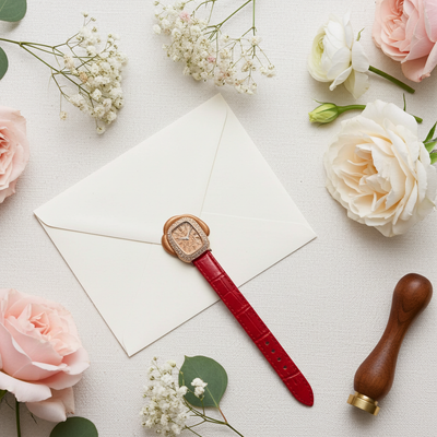 Red sealing wax stick with a stamp on a white surface surrounded by flowers