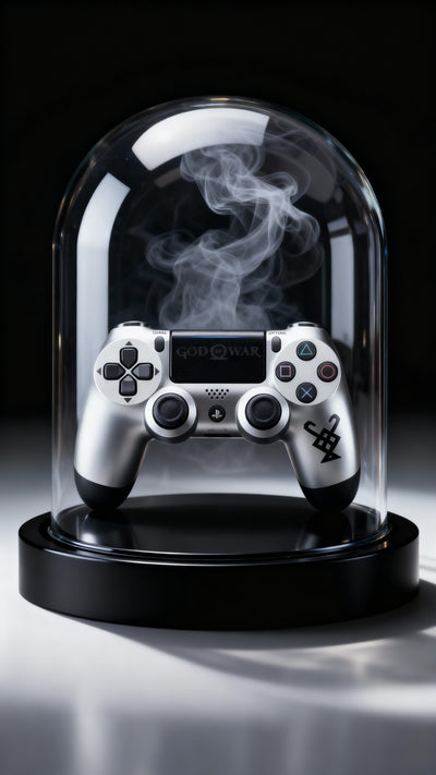 Gaming controller under a glass dome with smoke effect on a dark background