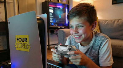 Child playing video games with a laptop and controller in a living room setting.
