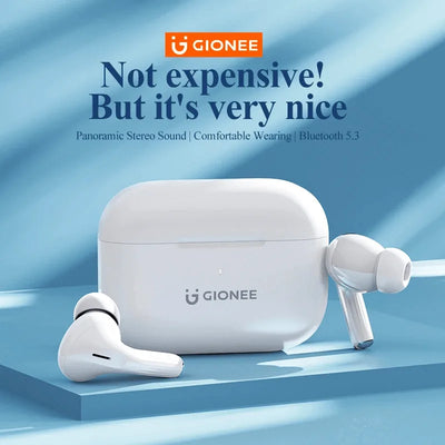 Gionee wireless earbuds with charging case on a blue background