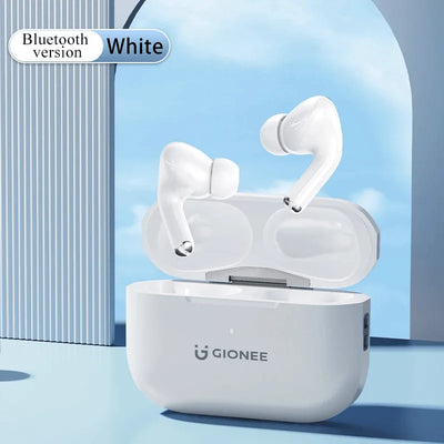 White wireless earbuds in charging case with Gionee logo on a blue background