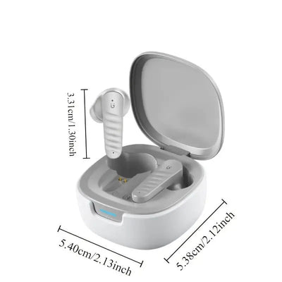 Gray wireless earbuds with charging case and measurements on a white background