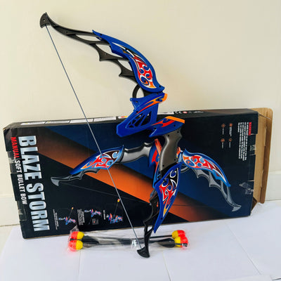 A colorful toy bow set named Blaze Storm Bullet Bow with Arrows, displayed next to its packaging box.