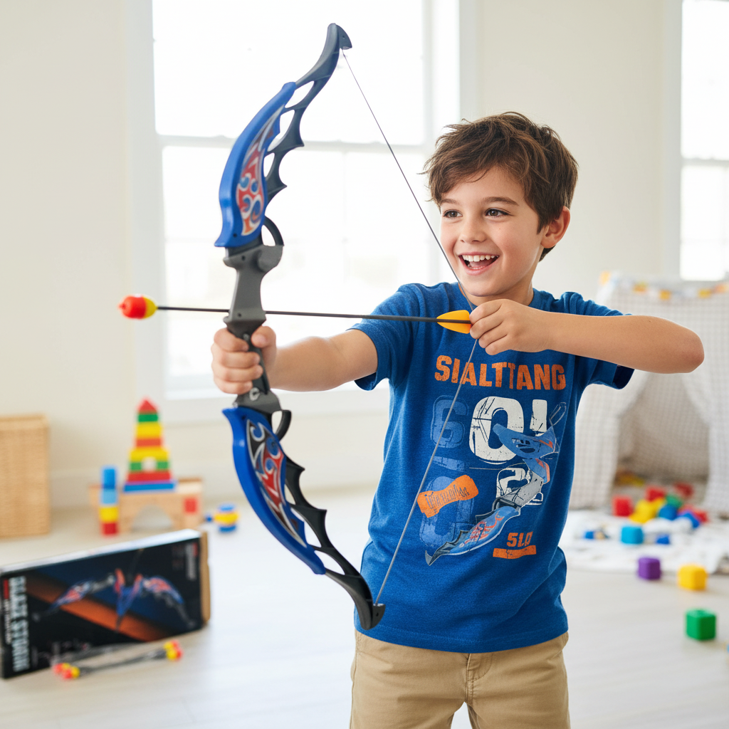 A young boy smiling and drawing a blue toy bow with a red arrow in a bright, modern room with toys scattered on the floor.