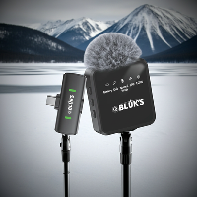 Bluk's microphone and receiver with mountainous landscape in the background