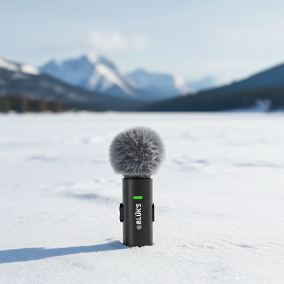 Black microphone with gray fuzzy windscreen on a snowy landscape with mountains in the background