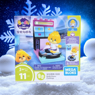 Mega Bloks toy packaging with a character on a turntable against a snowy background
