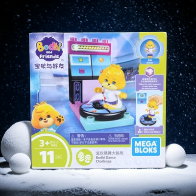 Mega Bloks toy packaging featuring a character on a turntable with a dark space-themed background.