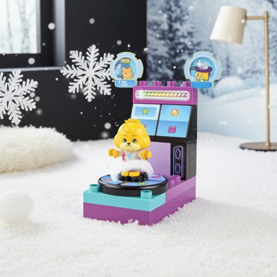 Toy figure in a block-style arcade machine with snowflake decorations in the background