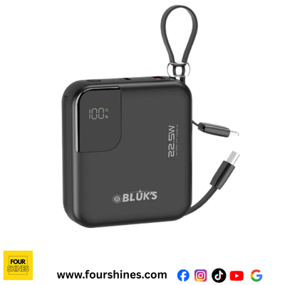 Black power bank with digital display and cable on a white background, featuring the BLöK'S brand.