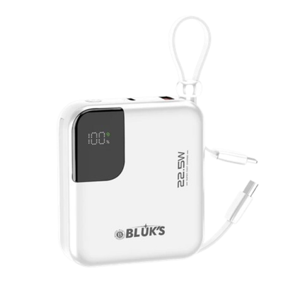 White power bank with digital display and BLUKS branding on a white background