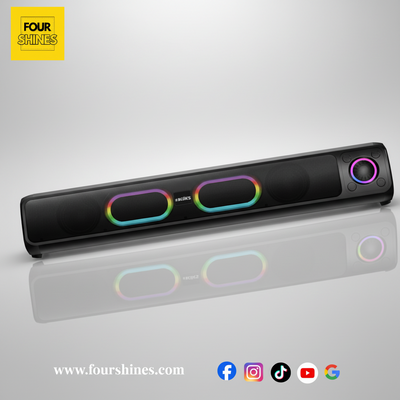 Speaker with Black LED strip light with colorful accents on a gray background, featuring the Four Shines brand.