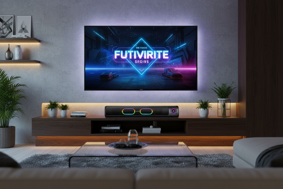A modern living room setup featuring a large wall-mounted TV displaying the Futivrite Sports logo, with a soundbar on a wooden media console below.