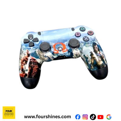 Gaming controller with a colorful design on a white background
