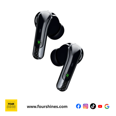 Black wireless earbuds on a white background with Four Shines branding.