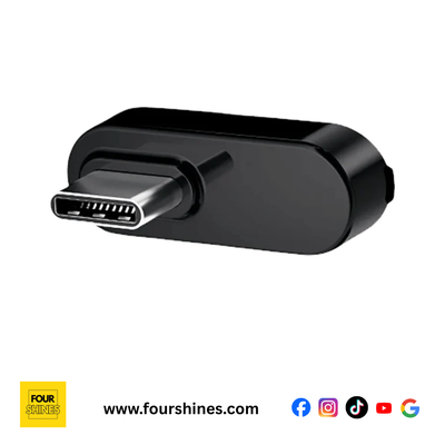 Black USB-C adapter on a white background with Four Shines branding.